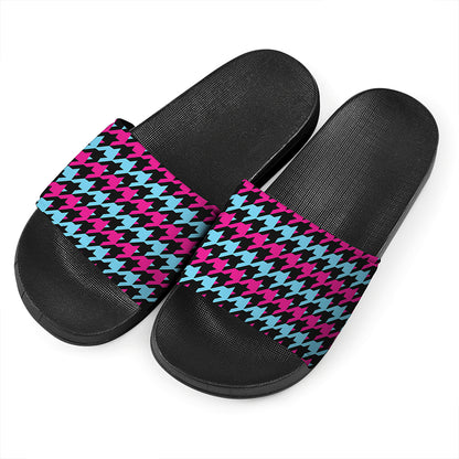 Pink Blue And Black Houndstooth Print Black Slide Sandals