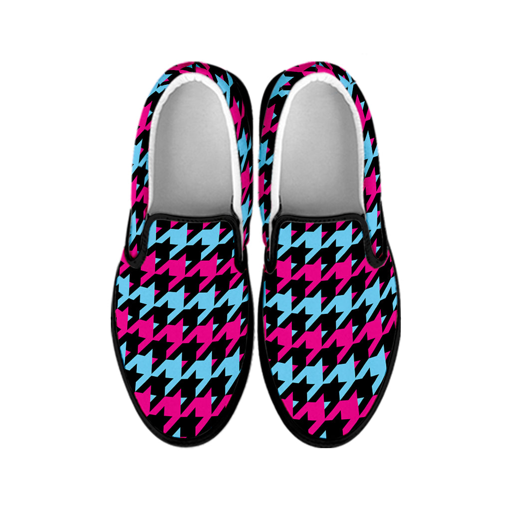 Pink Blue And Black Houndstooth Print Black Slip On Shoes