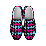 Pink Blue And Black Houndstooth Print Black Slip On Shoes