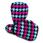 Pink Blue And Black Houndstooth Print Boxing Gloves