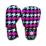 Pink Blue And Black Houndstooth Print Boxing Gloves