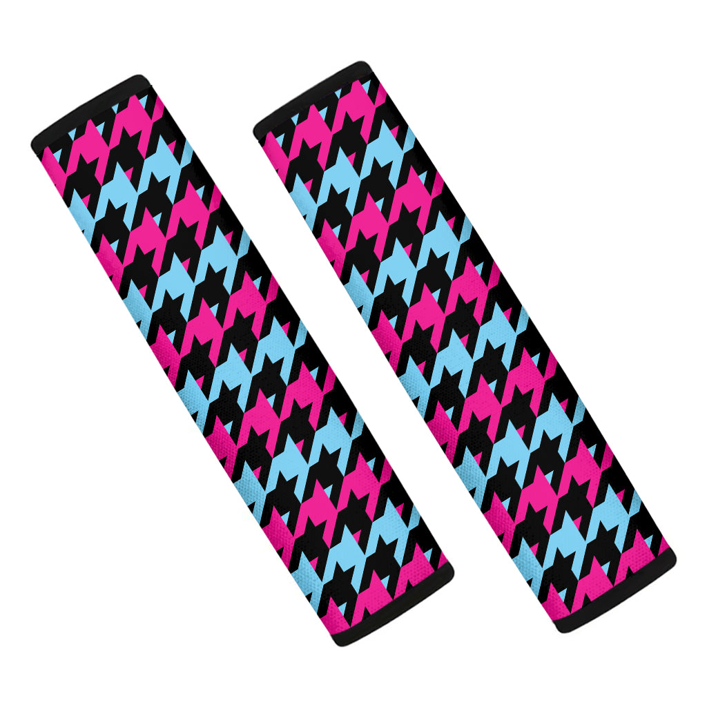 Pink Blue And Black Houndstooth Print Car Seat Belt Covers