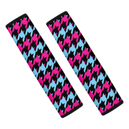 Pink Blue And Black Houndstooth Print Car Seat Belt Covers