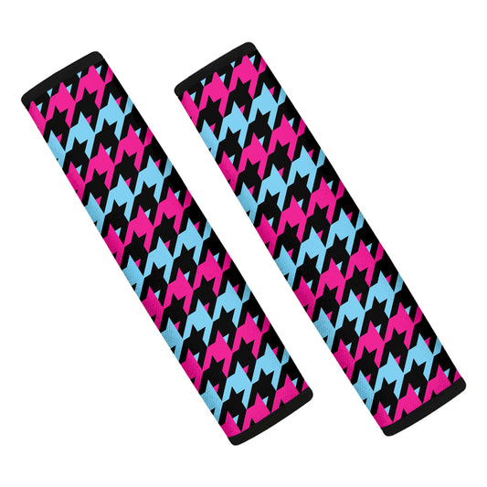 Pink Blue And Black Houndstooth Print Car Seat Belt Covers