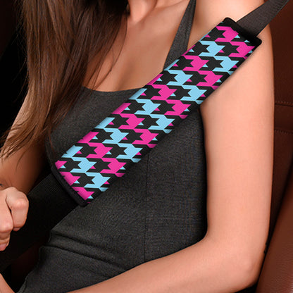 Pink Blue And Black Houndstooth Print Car Seat Belt Covers