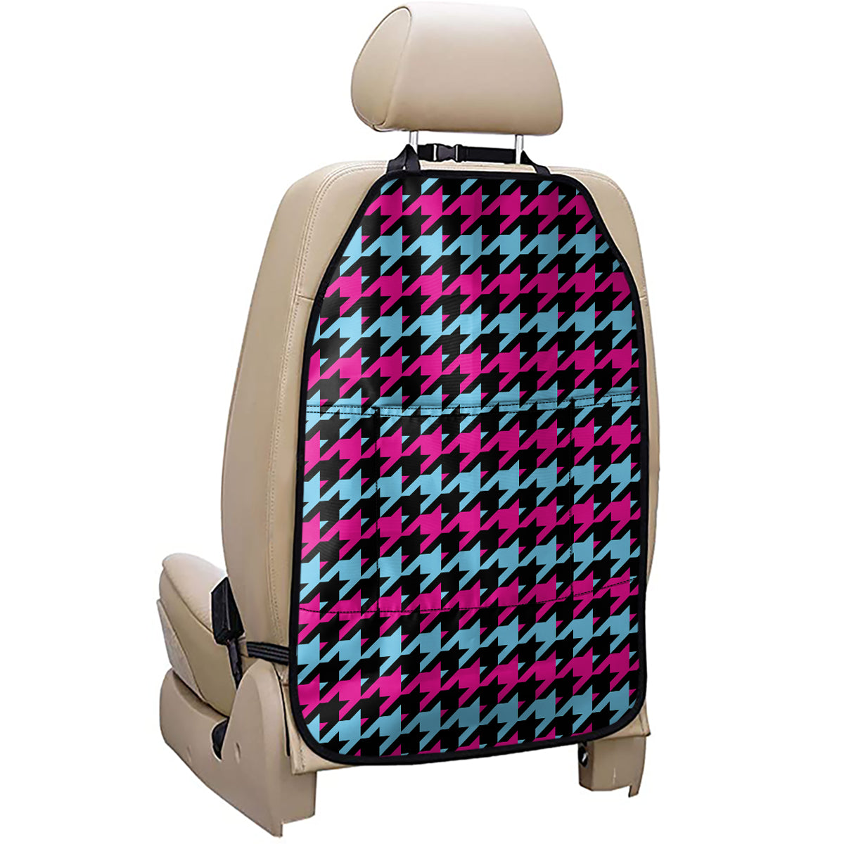 Pink Blue And Black Houndstooth Print Car Seat Organizers