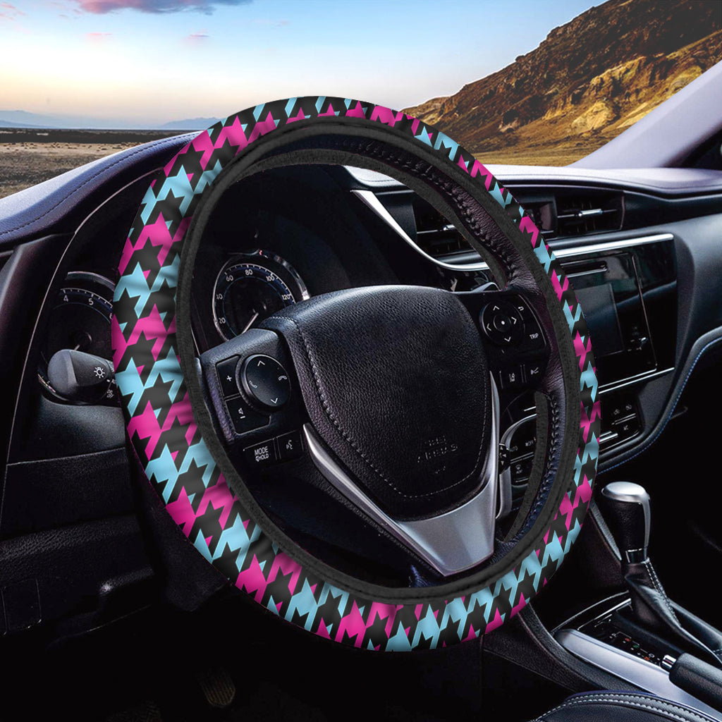 Pink Blue And Black Houndstooth Print Car Steering Wheel Cover