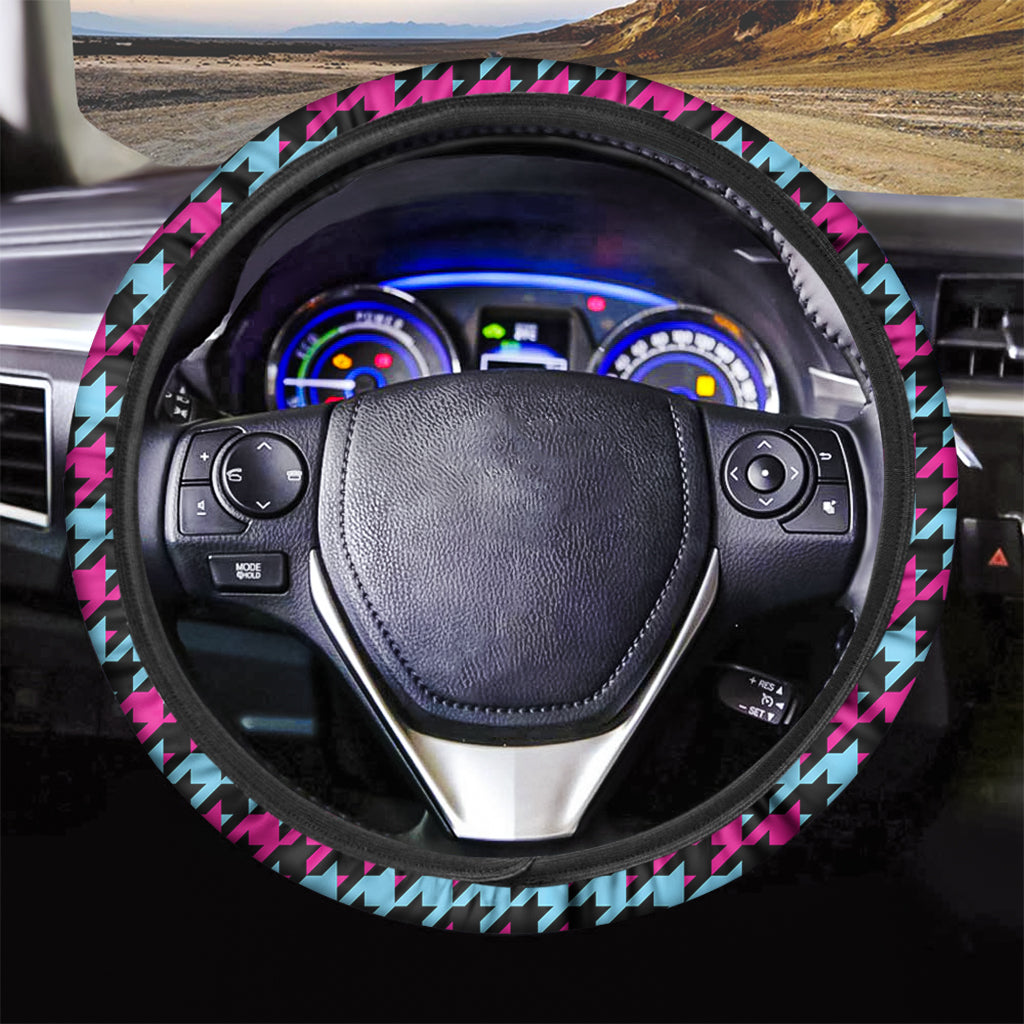 Pink Blue And Black Houndstooth Print Car Steering Wheel Cover