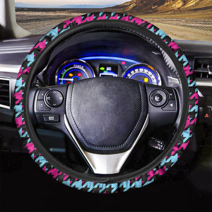 Pink Blue And Black Houndstooth Print Car Steering Wheel Cover