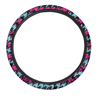 Pink Blue And Black Houndstooth Print Car Steering Wheel Cover