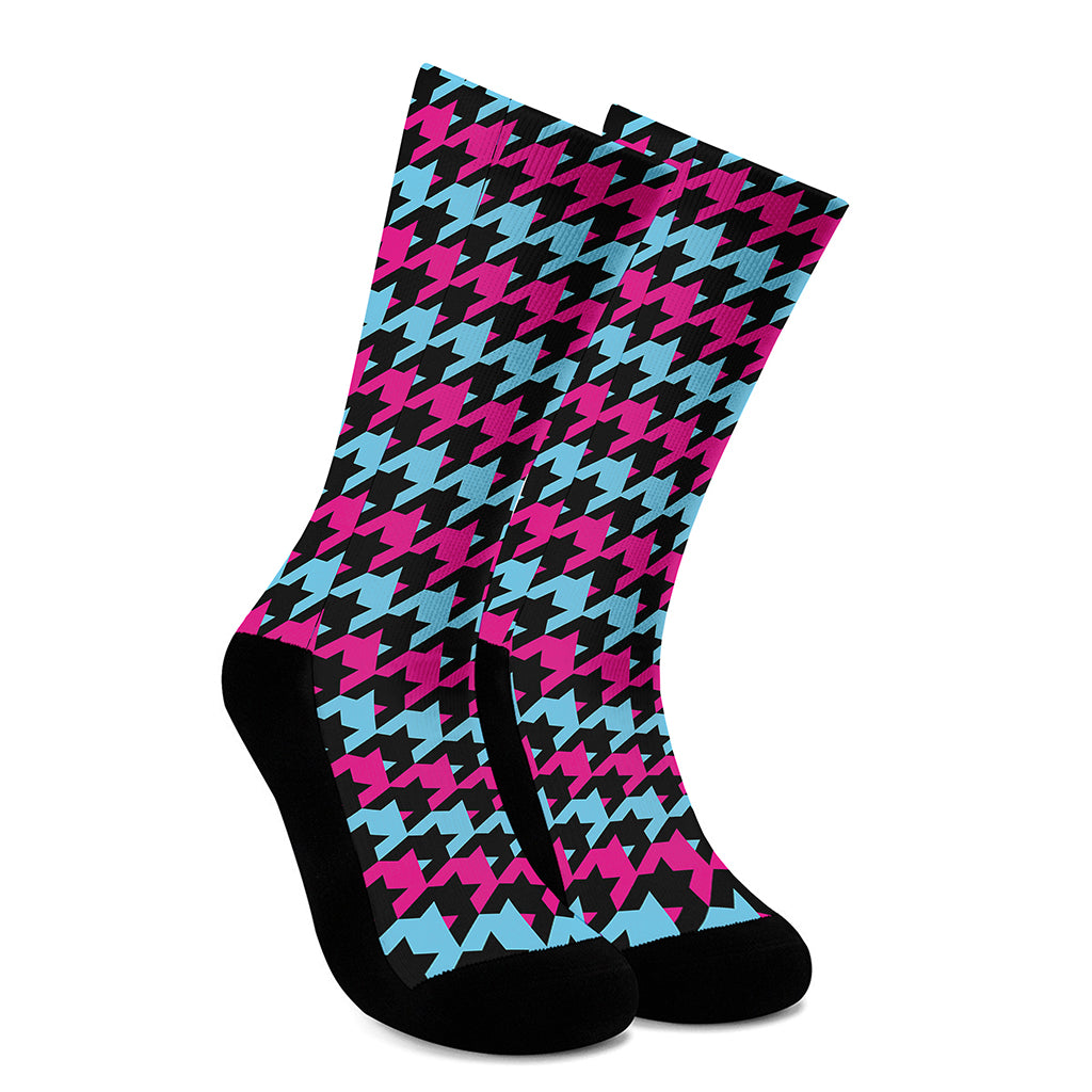 Pink Blue And Black Houndstooth Print Crew Socks