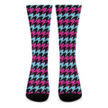 Pink Blue And Black Houndstooth Print Crew Socks