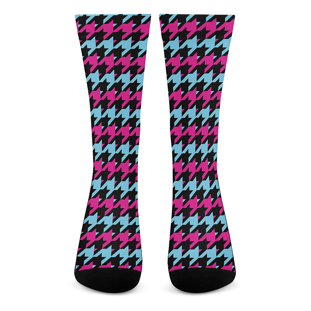 Pink Blue And Black Houndstooth Print Crew Socks