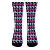 Pink Blue And Black Houndstooth Print Crew Socks