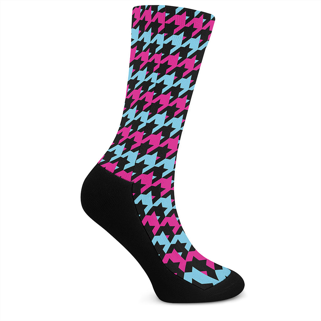 Pink Blue And Black Houndstooth Print Crew Socks