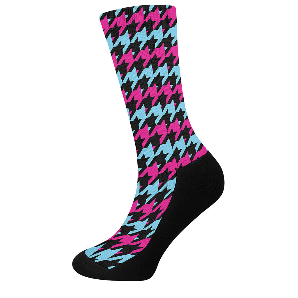 Pink Blue And Black Houndstooth Print Crew Socks