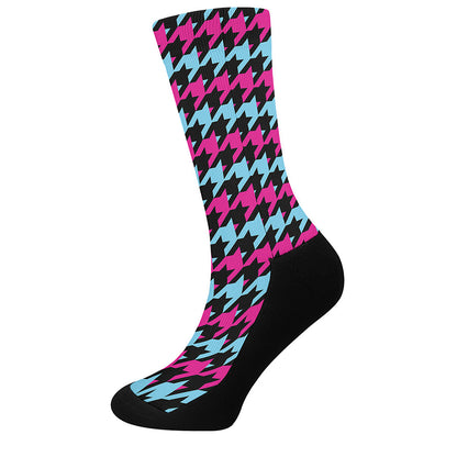 Pink Blue And Black Houndstooth Print Crew Socks