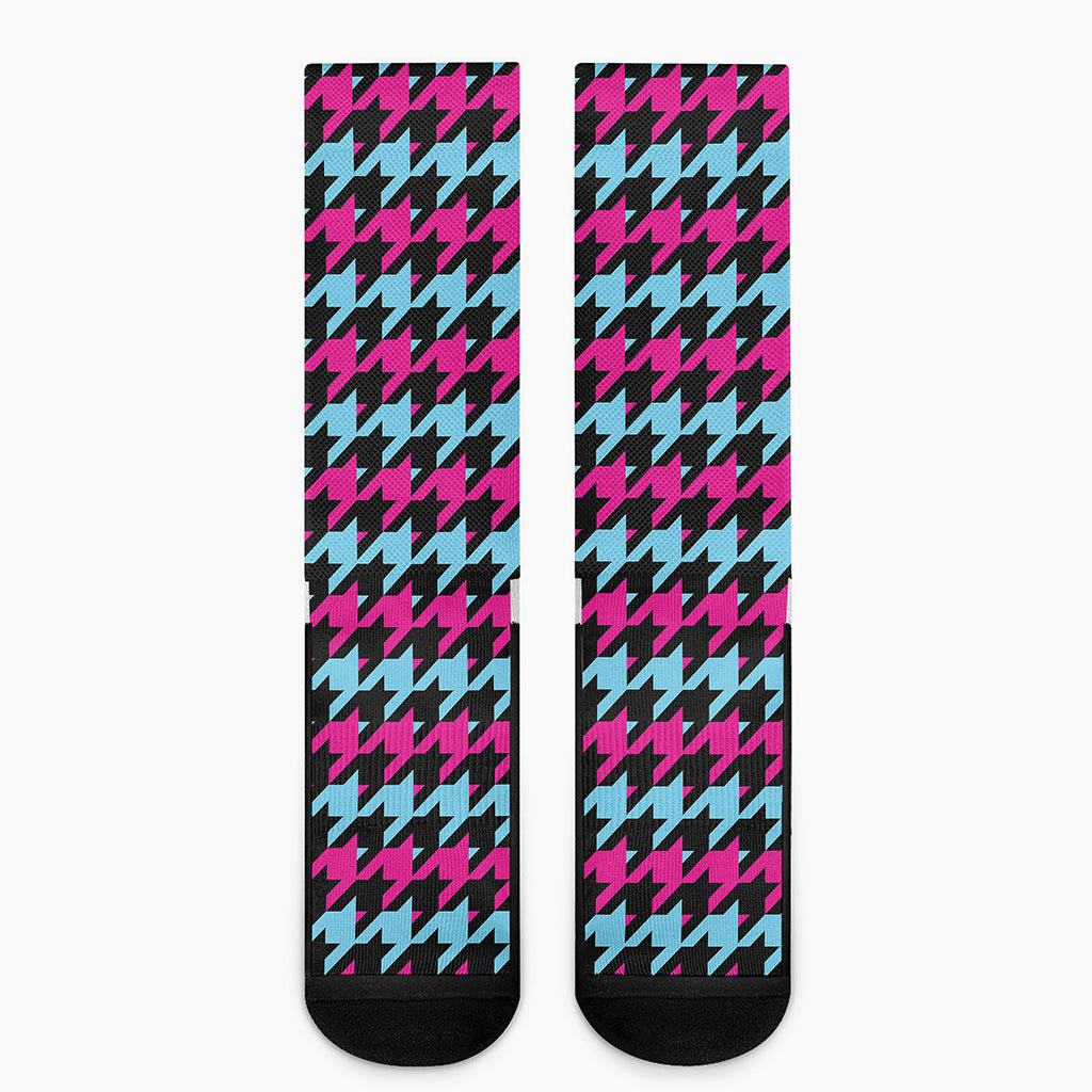 Pink Blue And Black Houndstooth Print Crew Socks