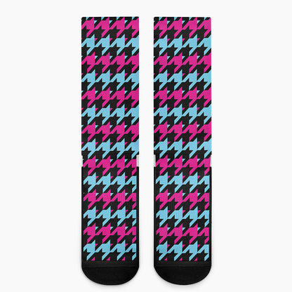 Pink Blue And Black Houndstooth Print Crew Socks