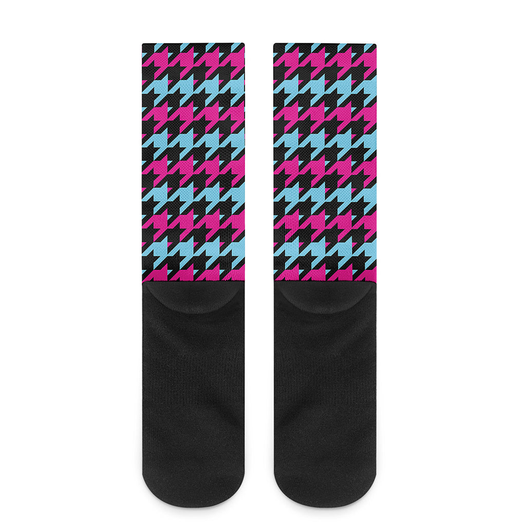 Pink Blue And Black Houndstooth Print Crew Socks