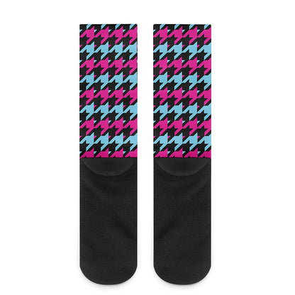 Pink Blue And Black Houndstooth Print Crew Socks