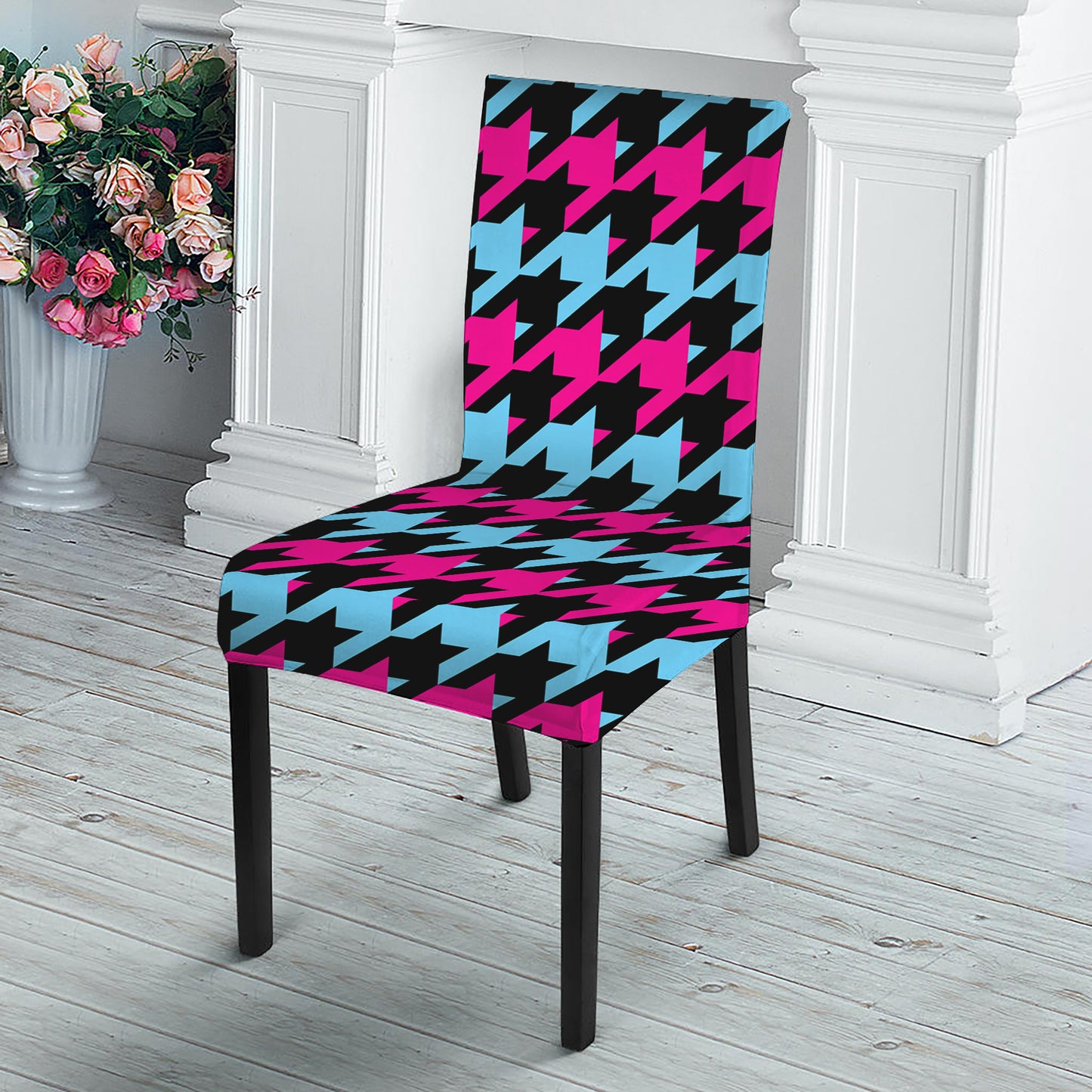 Pink Blue And Black Houndstooth Print Dining Chair Slipcover