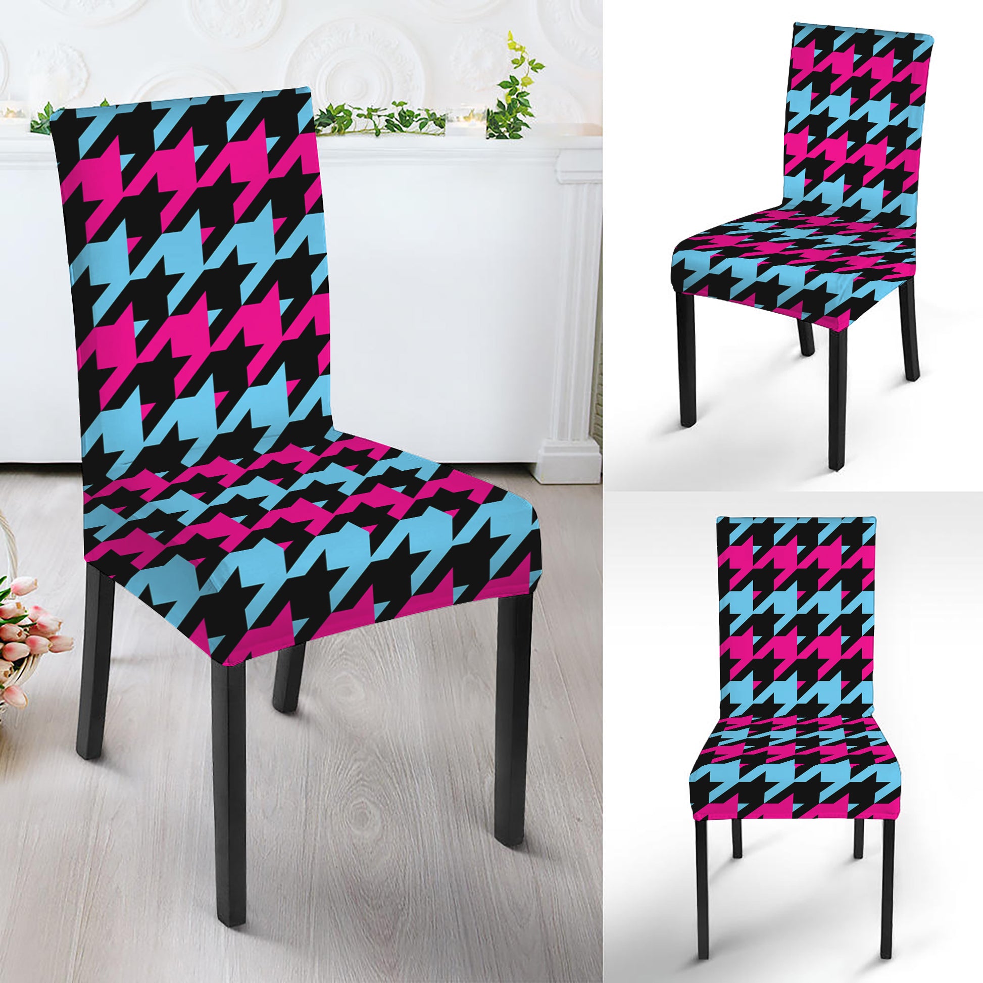 Pink Blue And Black Houndstooth Print Dining Chair Slipcover