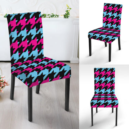 Pink Blue And Black Houndstooth Print Dining Chair Slipcover