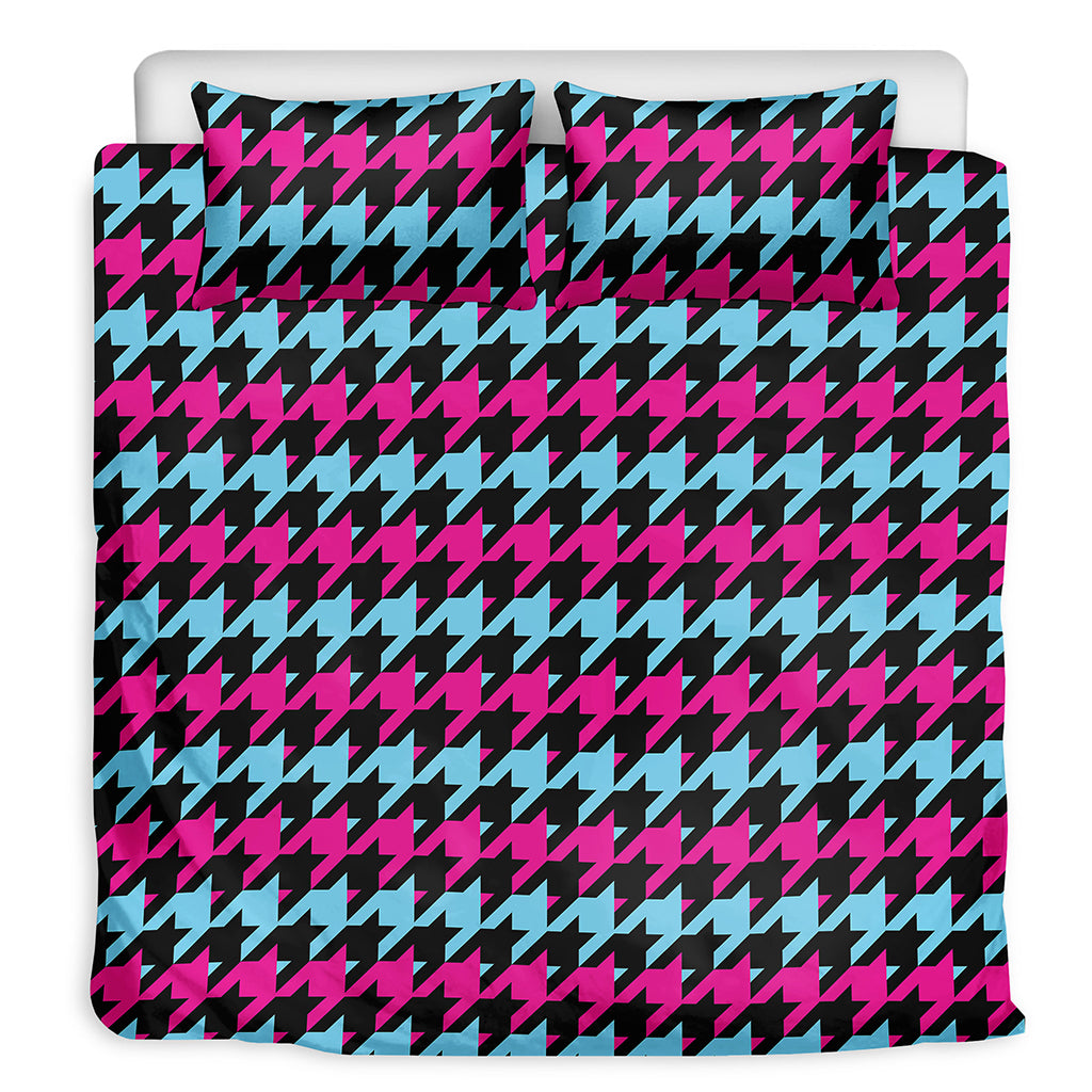 Pink Blue And Black Houndstooth Print Duvet Cover Bedding Set