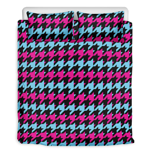 Pink Blue And Black Houndstooth Print Duvet Cover Bedding Set