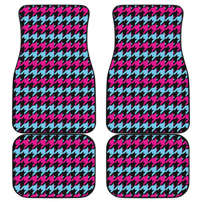 Pink Blue And Black Houndstooth Print Front and Back Car Floor Mats