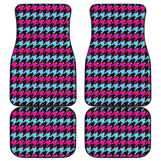 Pink Blue And Black Houndstooth Print Front and Back Car Floor Mats