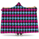 Pink Blue And Black Houndstooth Print Hooded Blanket