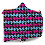 Pink Blue And Black Houndstooth Print Hooded Blanket