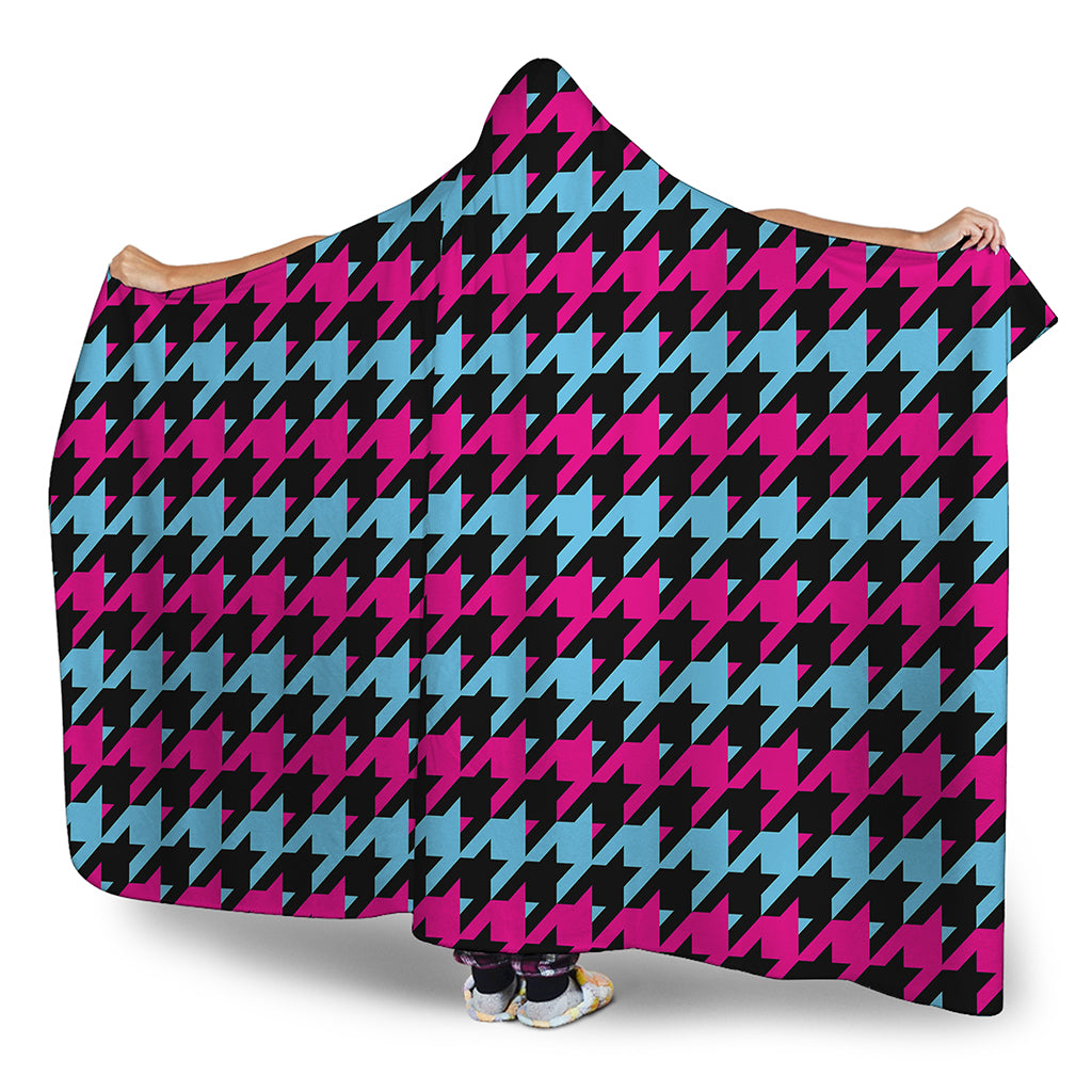 Pink Blue And Black Houndstooth Print Hooded Blanket
