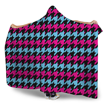 Pink Blue And Black Houndstooth Print Hooded Blanket