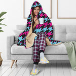Pink Blue And Black Houndstooth Print Hooded Blanket