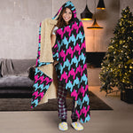 Pink Blue And Black Houndstooth Print Hooded Blanket