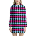 Pink Blue And Black Houndstooth Print Pullover Hoodie Dress