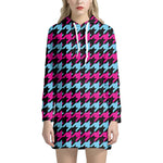 Pink Blue And Black Houndstooth Print Hoodie Dress