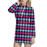 Pink Blue And Black Houndstooth Print Hoodie Dress