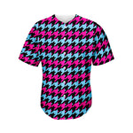 Pink Blue And Black Houndstooth Print Men's Baseball Jersey