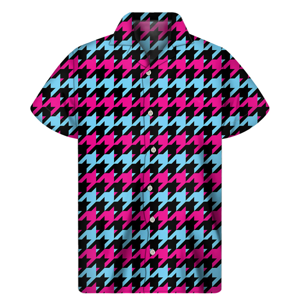 Pink Blue And Black Houndstooth Print Men's Short Sleeve Shirt