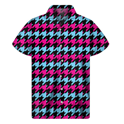 Pink Blue And Black Houndstooth Print Men's Short Sleeve Shirt