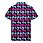 Pink Blue And Black Houndstooth Print Men's Short Sleeve Shirt