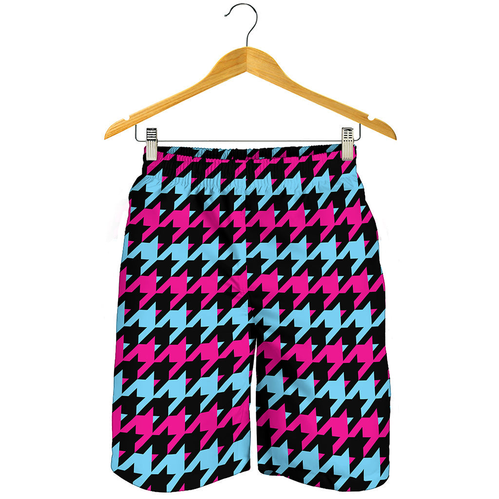 Pink Blue And Black Houndstooth Print Men's Shorts