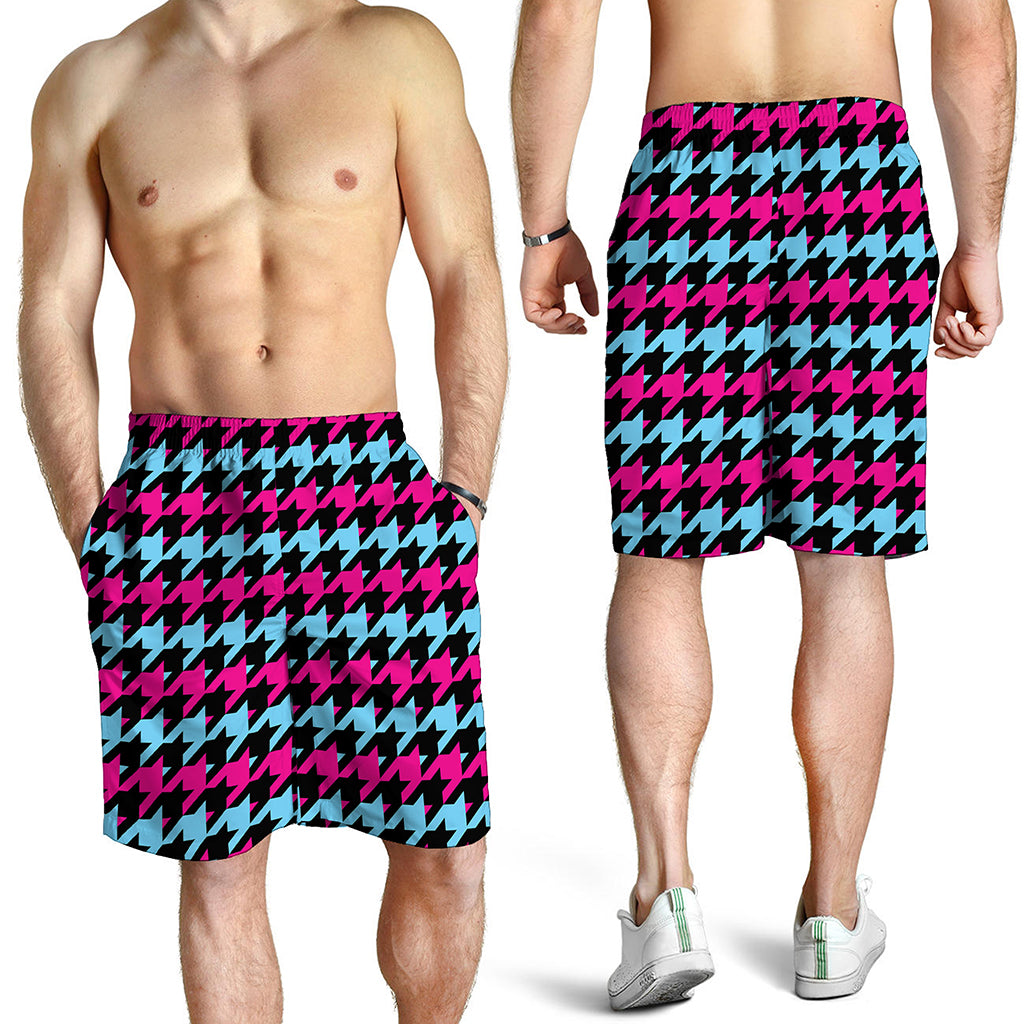 Pink Blue And Black Houndstooth Print Men's Shorts