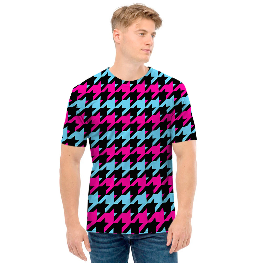 Pink Blue And Black Houndstooth Print Men's T-Shirt