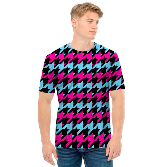 Pink Blue And Black Houndstooth Print Men's T-Shirt