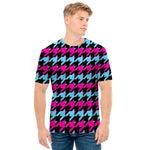 Pink Blue And Black Houndstooth Print Men's T-Shirt